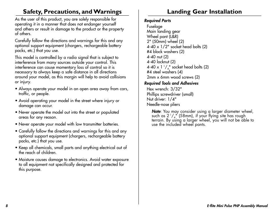 Safety, precautions, and warnings, Landing gear installation | E-flite Mini Pulse XT PNP User Manual | Page 8 / 20