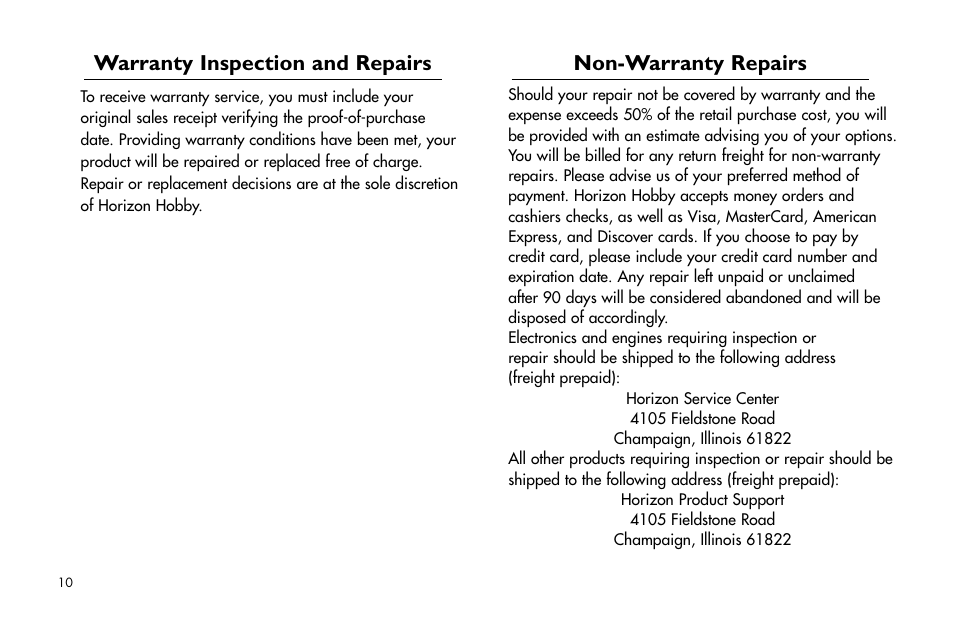 Warranty inspection and repairs, Non-warranty repairs, Warranty.inspection.and.repairs | Non-warranty.repairs | E-flite Mini Pulse XT ARF User Manual | Page 10 / 36