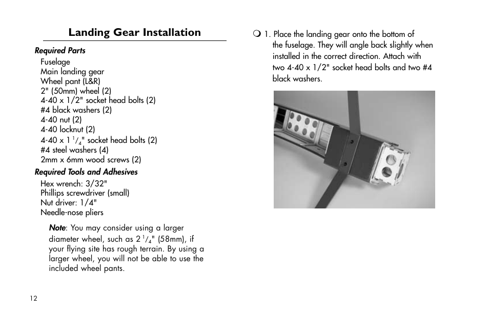 Landing gear installation, Landing.gear.installation | E-flite Mini Pulse XT ARF User Manual | Page 12 / 36