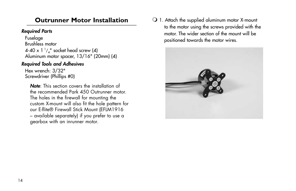 Outrunner motor installation, Outrunner.motor.installation | E-flite Mini Pulse XT ARF User Manual | Page 14 / 36