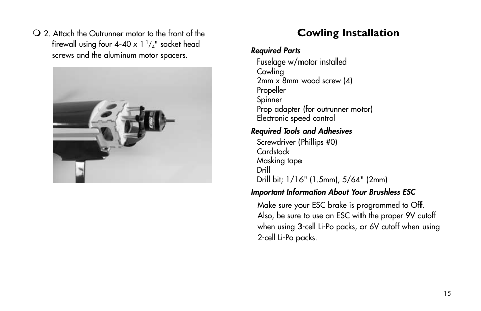 Cowling installation, Cowling.installation | E-flite Mini Pulse XT ARF User Manual | Page 15 / 36