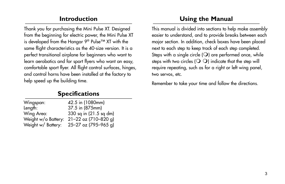 Introduction, Specifications, Using the manual | Using.the.manual | E-flite Mini Pulse XT ARF User Manual | Page 3 / 36
