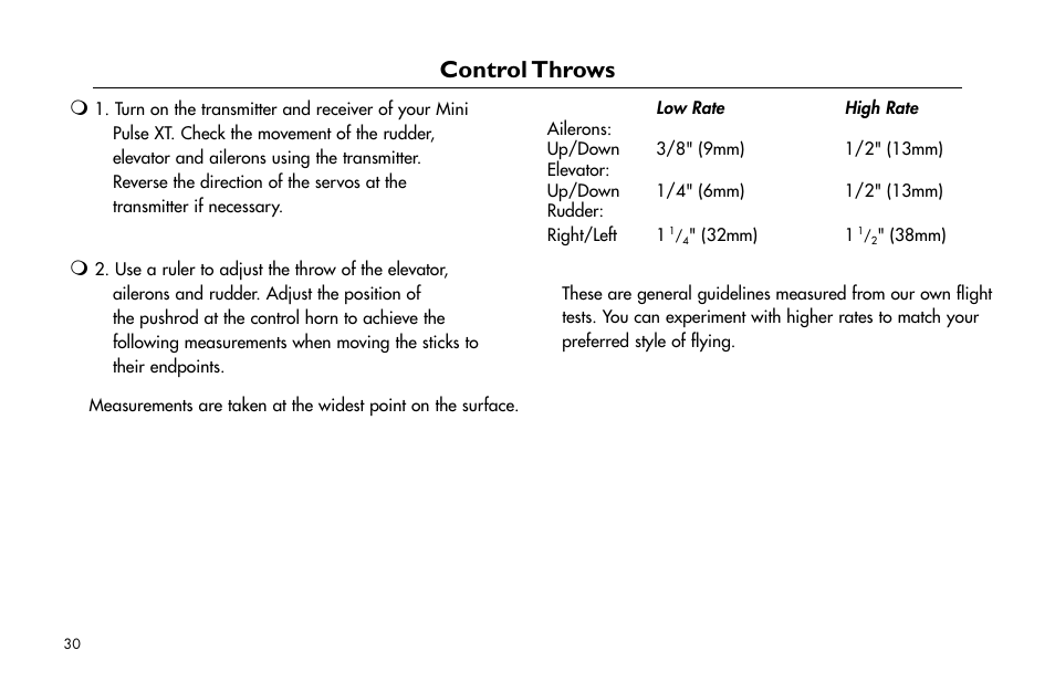 Control throws, Control.throws | E-flite Mini Pulse XT ARF User Manual | Page 30 / 36