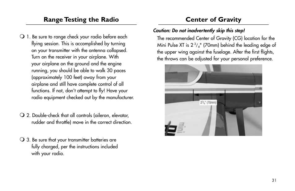Range testing the radio, Center of gravity, Range.testing.the.radio | Center.of.gravity | E-flite Mini Pulse XT ARF User Manual | Page 31 / 36