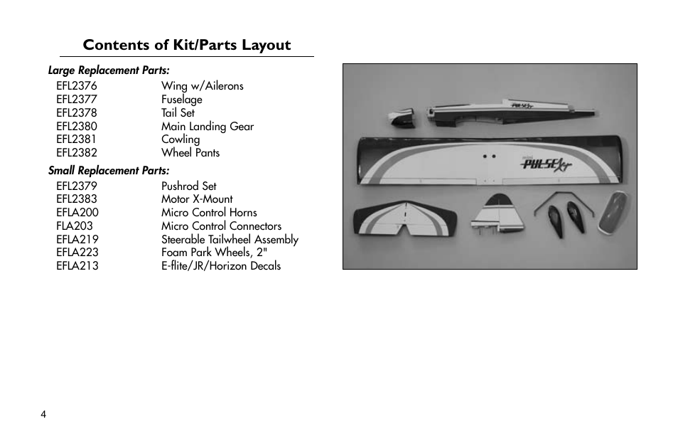 Contents of kit/parts layout, Contents.of.kit/parts.layout | E-flite Mini Pulse XT ARF User Manual | Page 4 / 36