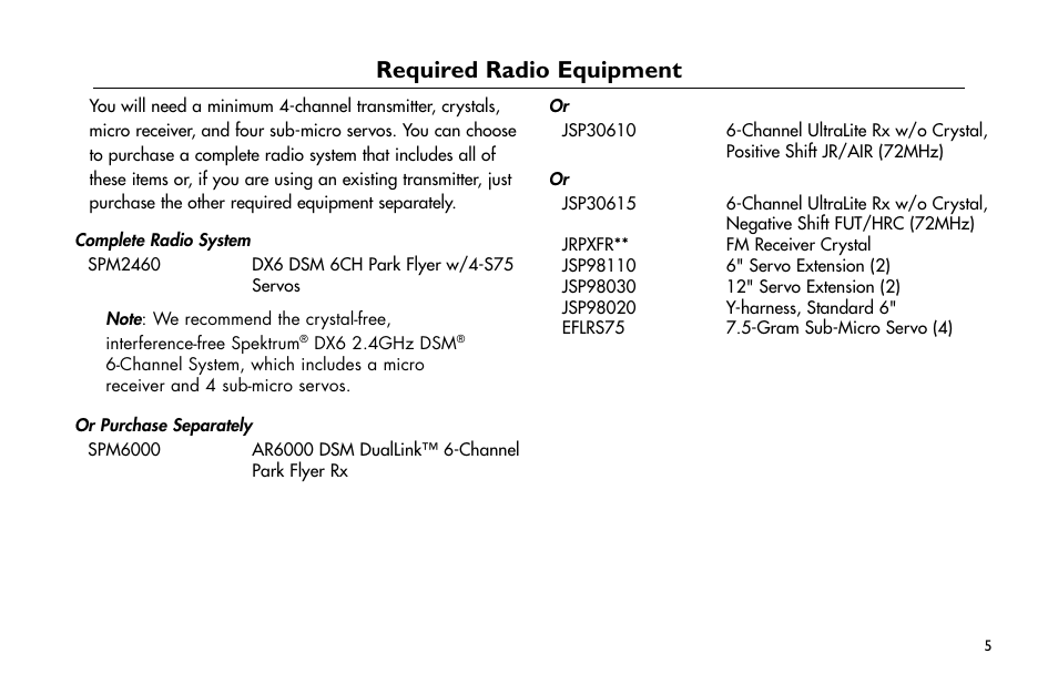 Required radio equipment, Required.radio.equipment | E-flite Mini Pulse XT ARF User Manual | Page 5 / 36