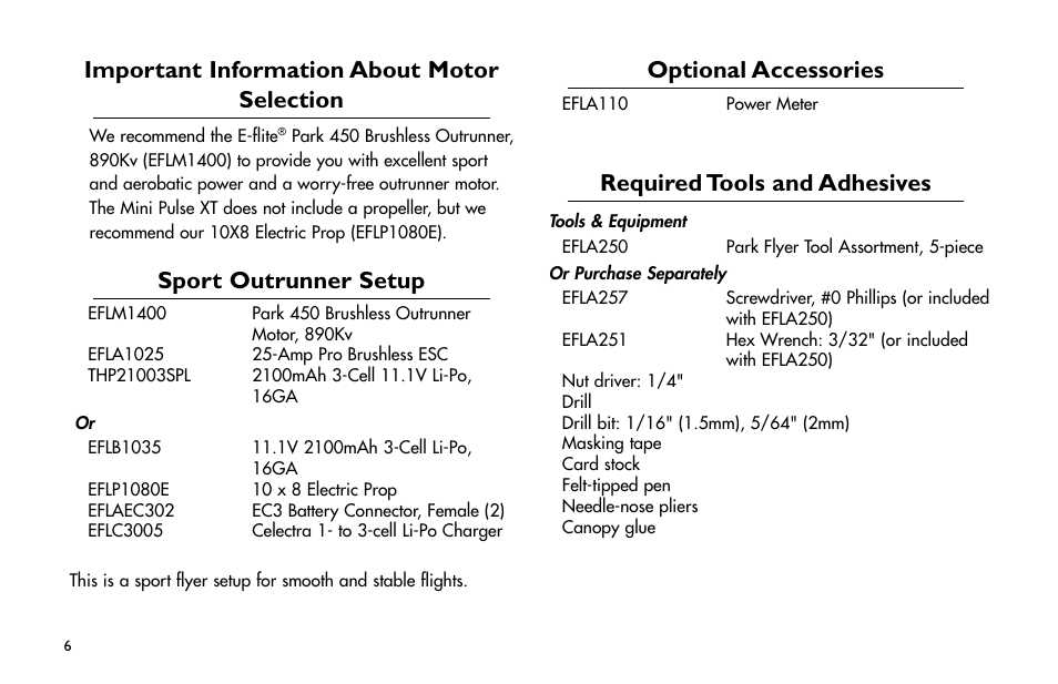 Important information about motor selection, Sport outrunner setup, Optional accessories | Required tools and adhesives, Important.information.about.motor.selection, Sport.outrunner.setup, Optional.accessories, Required.tools.and.adhesives | E-flite Mini Pulse XT ARF User Manual | Page 6 / 36