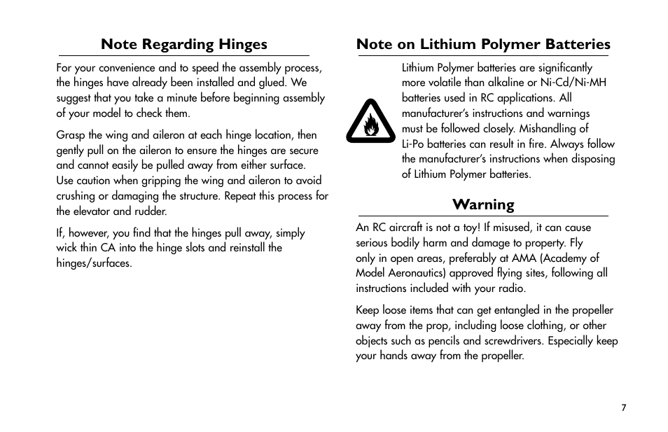 Note regarding hinges, Note on lithium polymer batteries, Warning | Note.regarding.hinges, Note.on.lithium.polymer.batteries | E-flite Mini Pulse XT ARF User Manual | Page 7 / 36