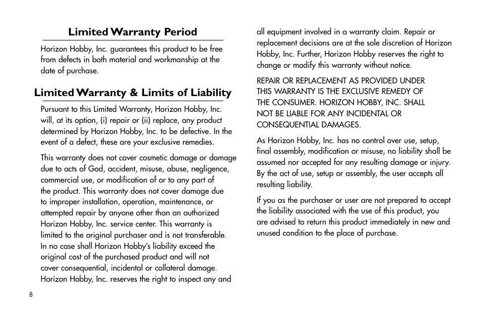 Limited warranty period, Limited warranty & limits of liability, Limited.warranty.period | Limited.warranty.&.limits.of.liability | E-flite Mini Pulse XT ARF User Manual | Page 8 / 36