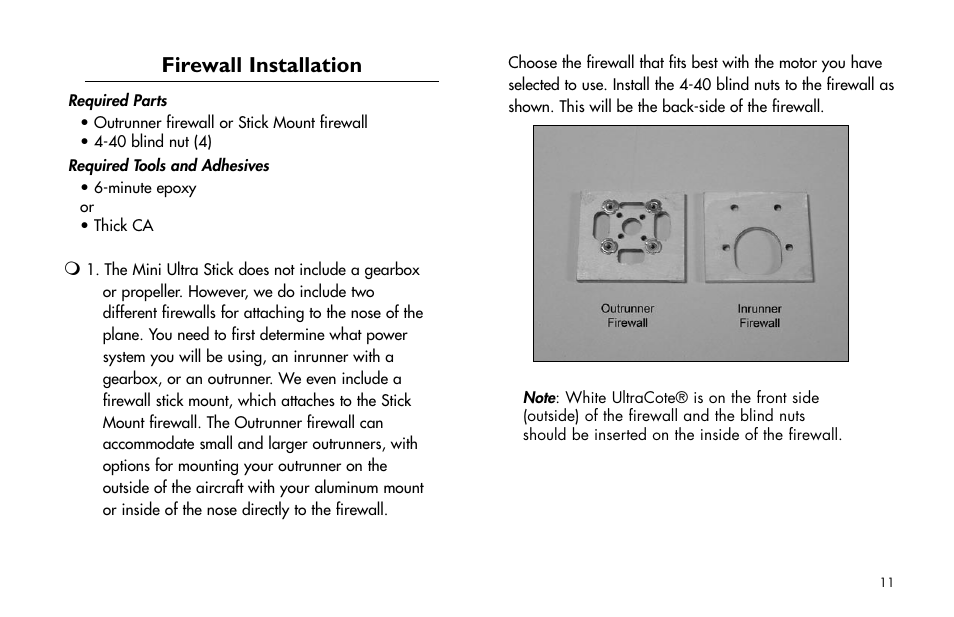 Firewall installation | E-flite Mini Ultra Stick ARF User Manual | Page 11 / 36