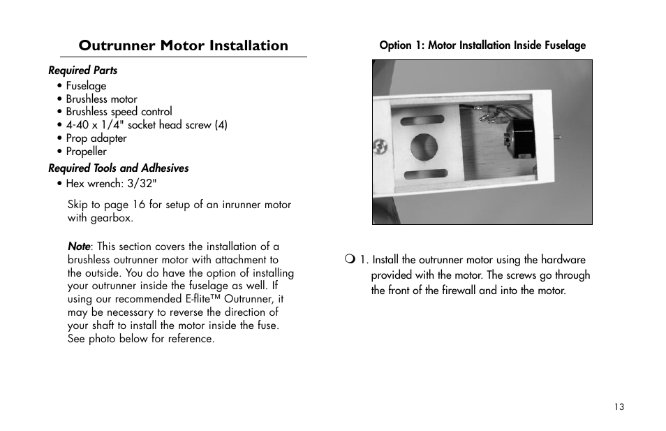 Outrunner motor installation | E-flite Mini Ultra Stick ARF User Manual | Page 13 / 36