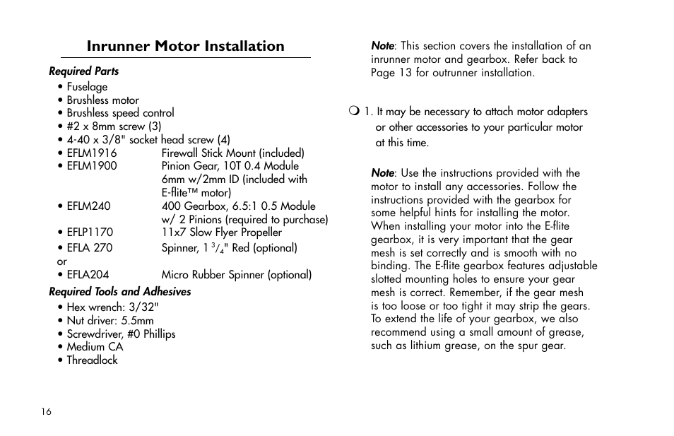 Inrunner motor installation | E-flite Mini Ultra Stick ARF User Manual | Page 16 / 36