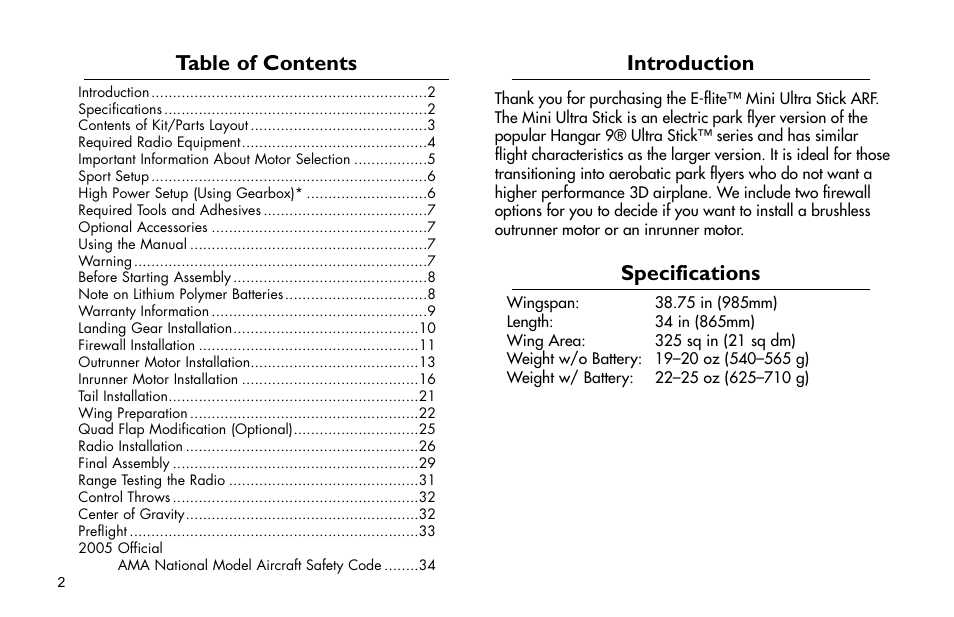 E-flite Mini Ultra Stick ARF User Manual | Page 2 / 36