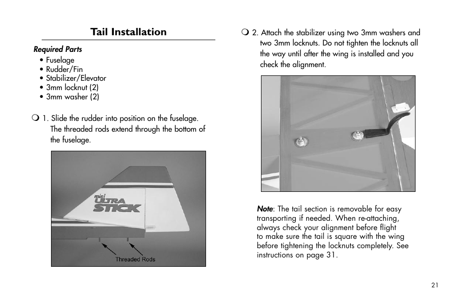 Tail installation | E-flite Mini Ultra Stick ARF User Manual | Page 21 / 36