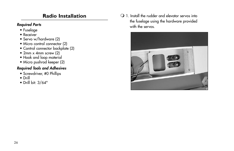 Radio installation | E-flite Mini Ultra Stick ARF User Manual | Page 26 / 36