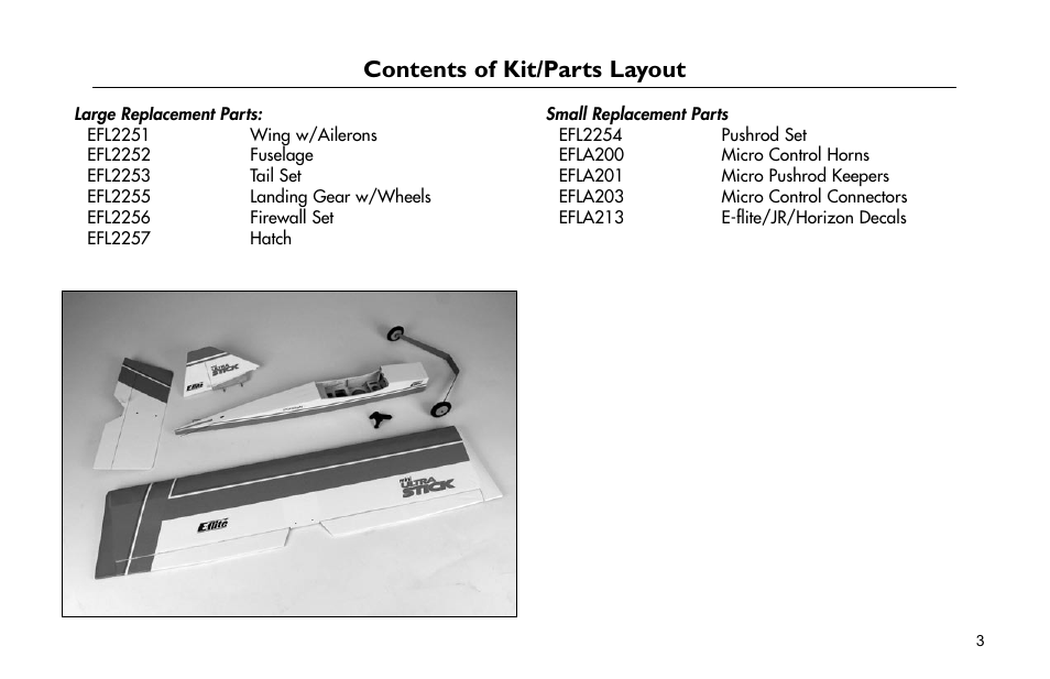 Contents of kit/parts layout | E-flite Mini Ultra Stick ARF User Manual | Page 3 / 36