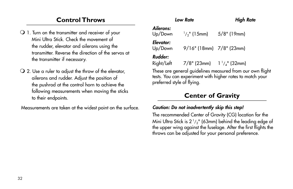 Control throws, Center of gravity | E-flite Mini Ultra Stick ARF User Manual | Page 32 / 36