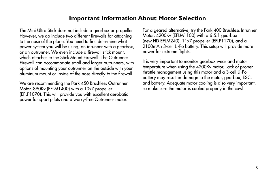 Important information about motor selection | E-flite Mini Ultra Stick ARF User Manual | Page 5 / 36