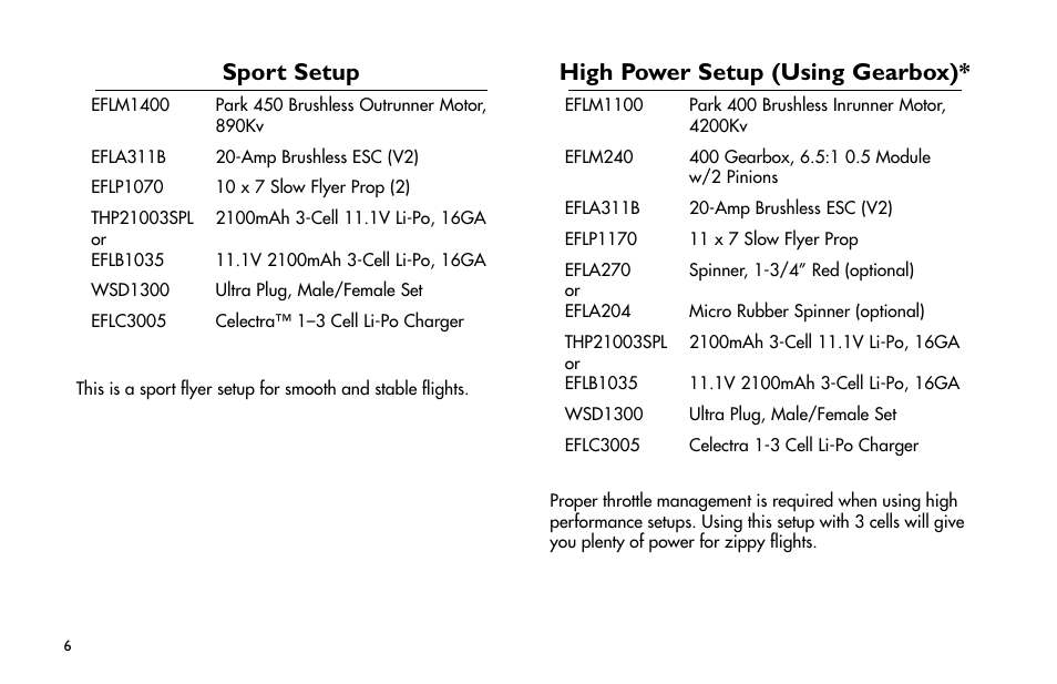 Sport setup, High power setup (using gearbox) | E-flite Mini Ultra Stick ARF User Manual | Page 6 / 36