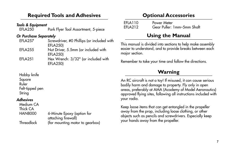 Required tools and adhesives, Optional accessories, Using the manual | Warning | E-flite Mini Ultra Stick ARF User Manual | Page 7 / 36