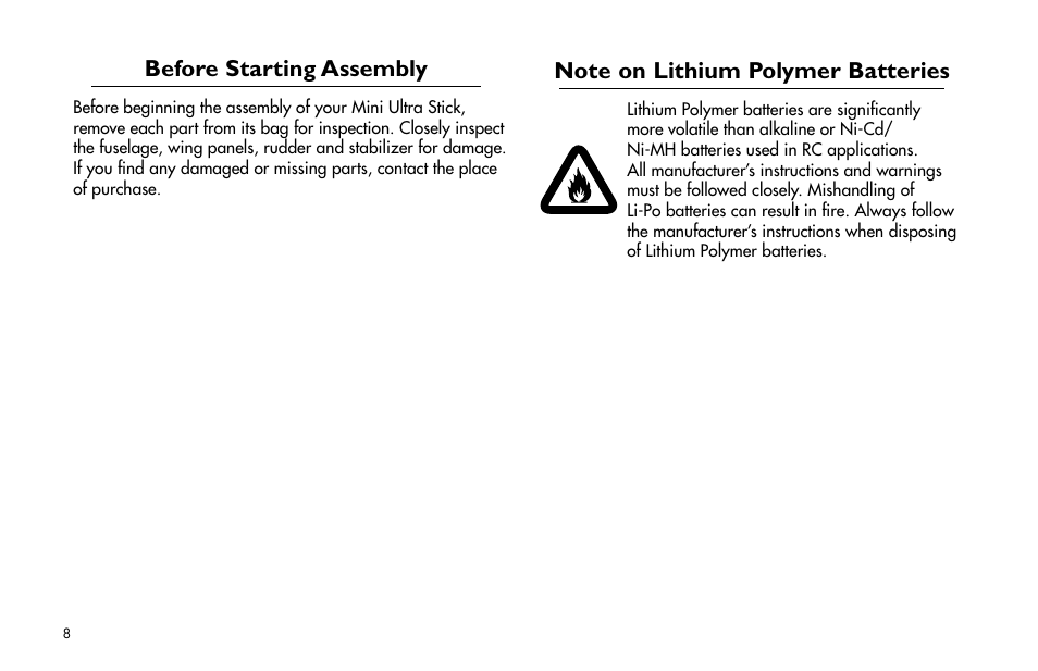 Before starting assembly, Note on lithium polymer batteries | E-flite Mini Ultra Stick ARF User Manual | Page 8 / 36