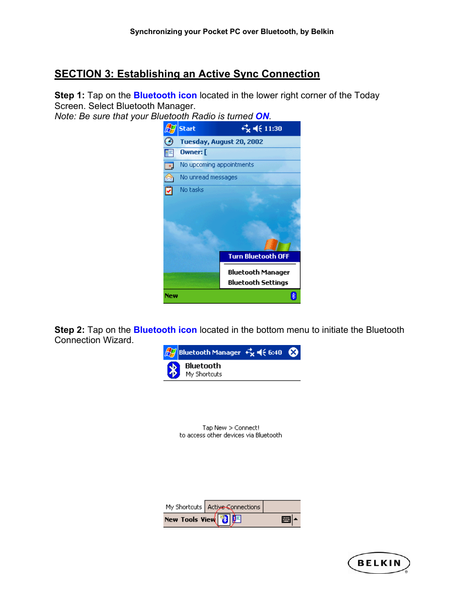 Section 3: establishing an active sync connection | Belkin F8T002 User Manual | Page 10 / 14