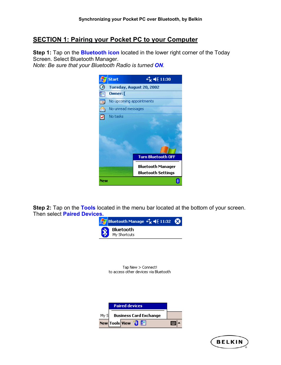 Section 1: pairing your pocket pc to your computer | Belkin F8T002 User Manual | Page 2 / 14