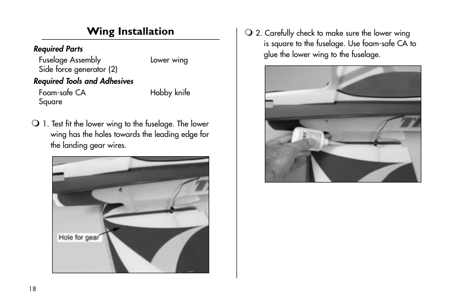 Wing installation | E-flite Tensor 4D ARF User Manual | Page 18 / 48