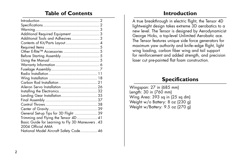 E-flite Tensor 4D ARF User Manual | Page 2 / 48