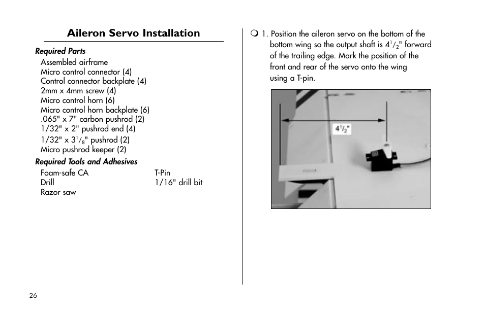 Aileron servo installation | E-flite Tensor 4D ARF User Manual | Page 26 / 48