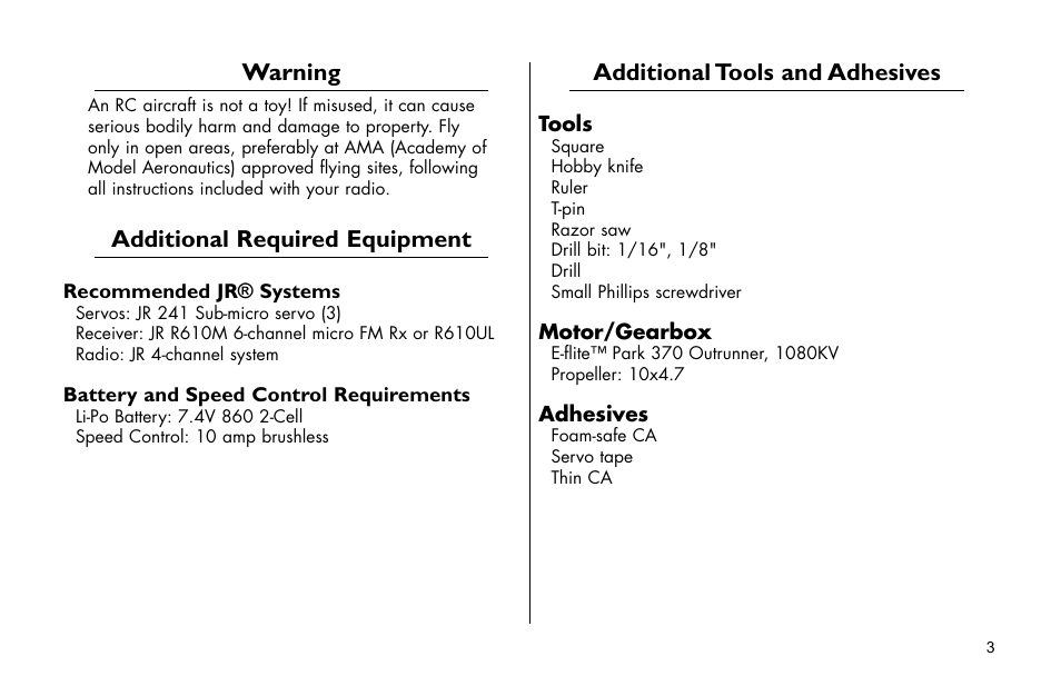 Warning, Additional required equipment, Additional tools and adhesives | E-flite Tensor 4D ARF User Manual | Page 3 / 48