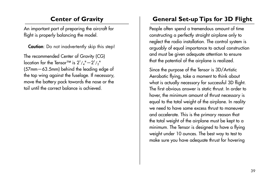 Center of gravity, General set-up tips for 3d flight | E-flite Tensor 4D ARF User Manual | Page 39 / 48