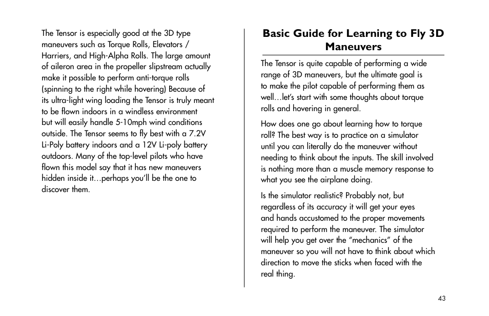 Basic guide for learning to fly 3d maneuvers, Basic guide for learning to fly 3d maneuvers . 43 | E-flite Tensor 4D ARF User Manual | Page 43 / 48