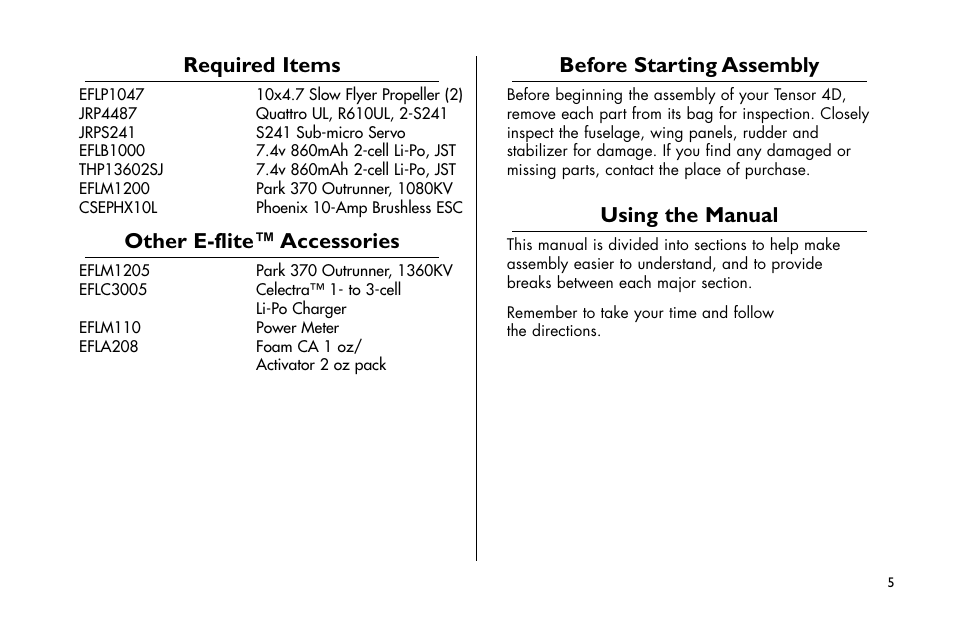 Required items, Other e-flite™ accessories, Before starting assembly | Using the manual | E-flite Tensor 4D ARF User Manual | Page 5 / 48