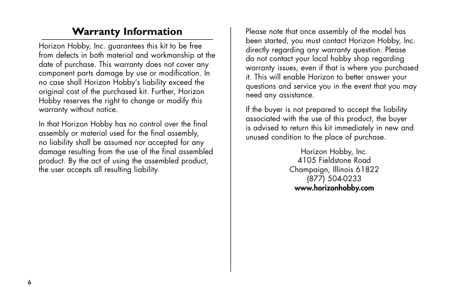Warranty information | E-flite Tensor 4D ARF User Manual | Page 6 / 48