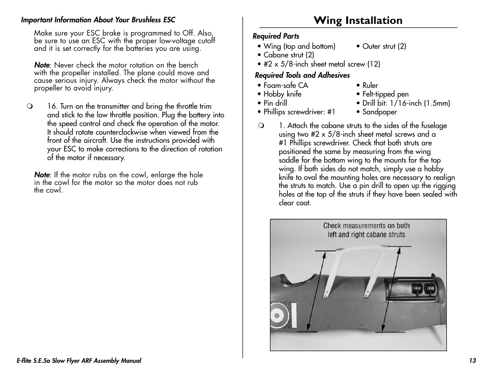 Wing installation | E-flite S.E.5a Slow Flyer 250 ARF User Manual | Page 13 / 32
