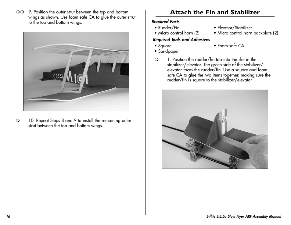 Attach the fin and stabilizer | E-flite S.E.5a Slow Flyer 250 ARF User Manual | Page 16 / 32