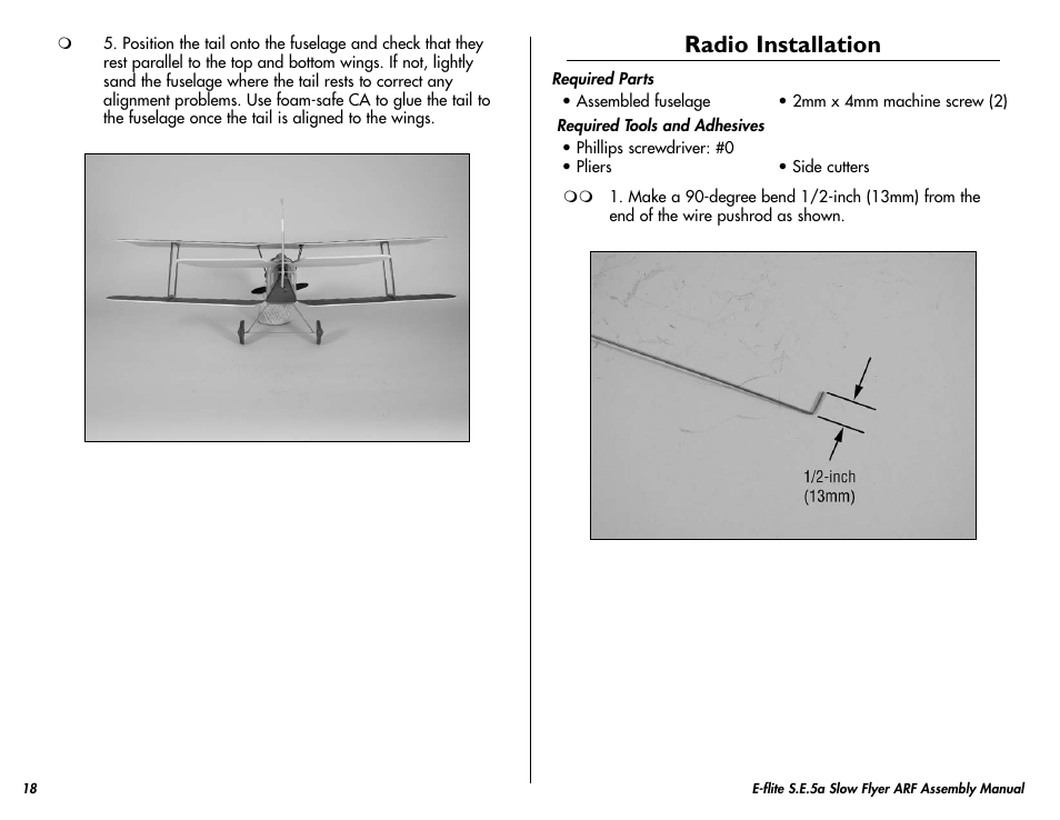 Radio installation | E-flite S.E.5a Slow Flyer 250 ARF User Manual | Page 18 / 32