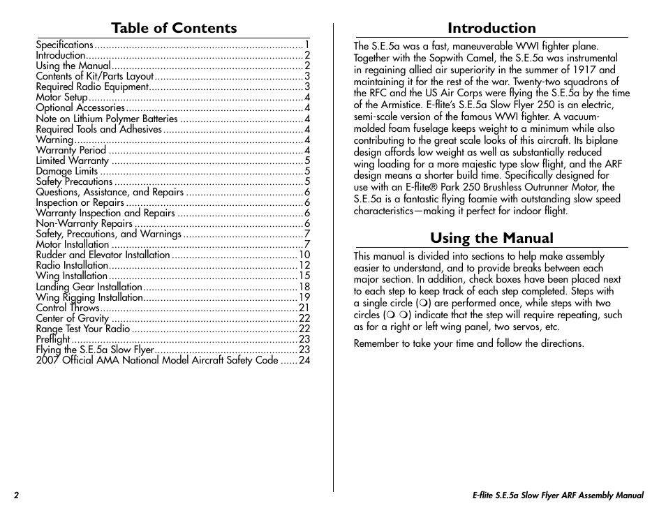 E-flite S.E.5a Slow Flyer 250 ARF User Manual | Page 2 / 32