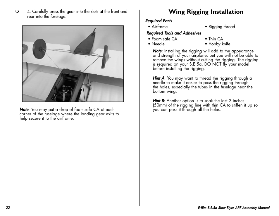 Wing rigging installation | E-flite S.E.5a Slow Flyer 250 ARF User Manual | Page 22 / 32