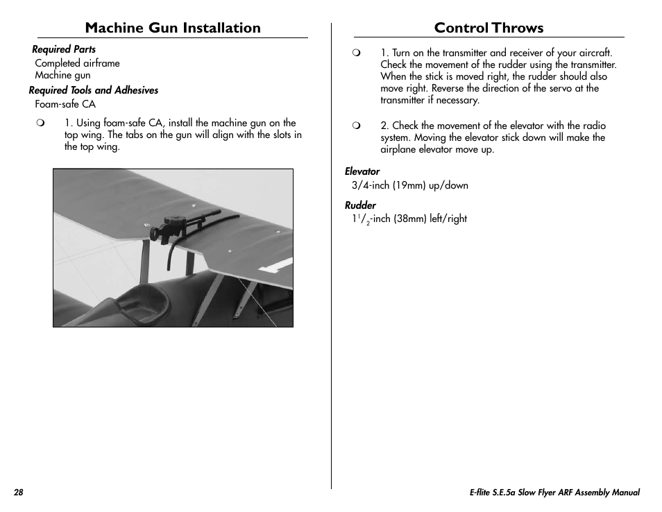 Machine gun installation, Control throws | E-flite S.E.5a Slow Flyer 250 ARF User Manual | Page 28 / 32