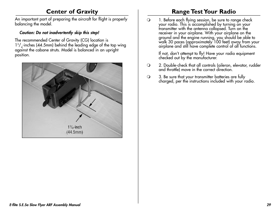 Center of gravity, Range test your radio | E-flite S.E.5a Slow Flyer 250 ARF User Manual | Page 29 / 32