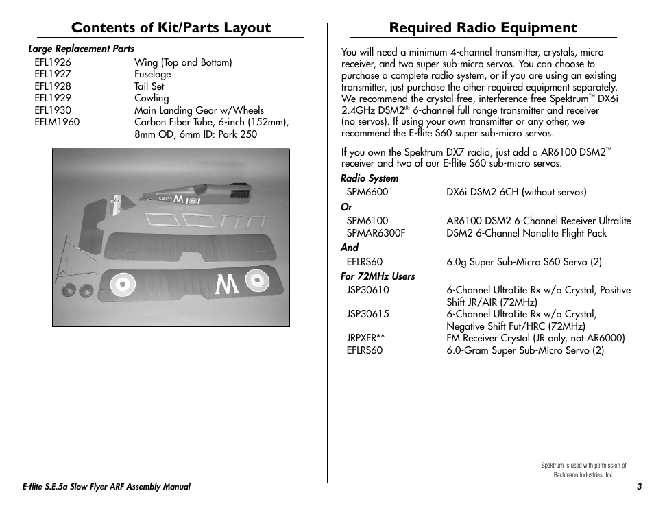 Contents of kit/parts layout, Required radio equipment | E-flite S.E.5a Slow Flyer 250 ARF User Manual | Page 3 / 32