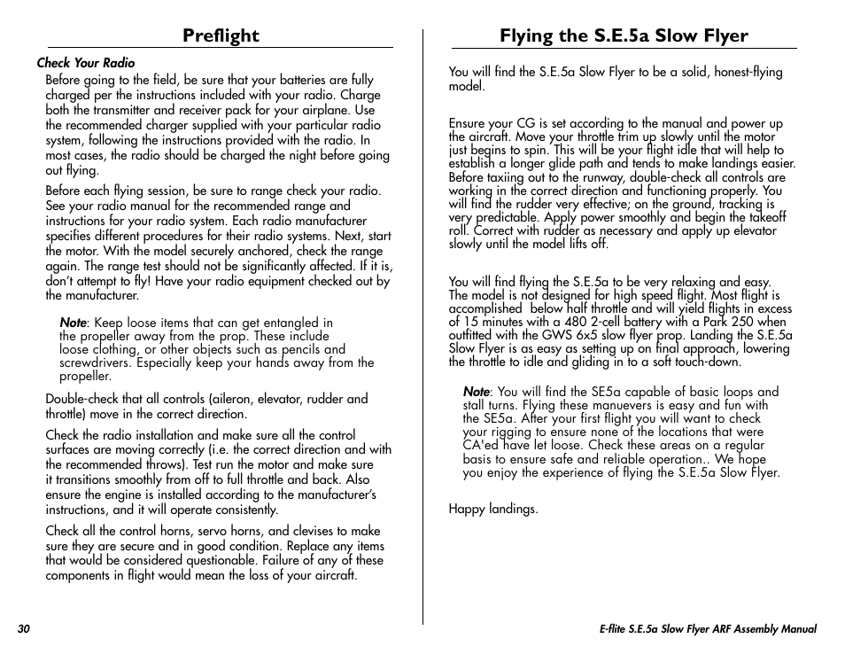 Preflight, Flying the s.e.5a slow flyer | E-flite S.E.5a Slow Flyer 250 ARF User Manual | Page 30 / 32