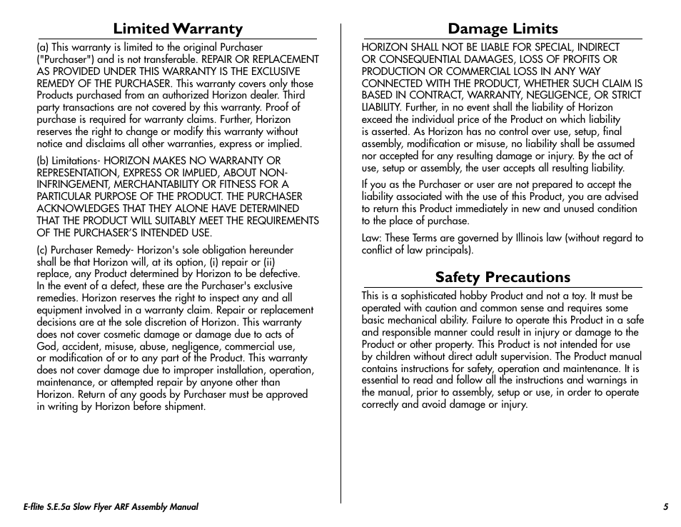 Limited warranty, Damage limits, Safety precautions | E-flite S.E.5a Slow Flyer 250 ARF User Manual | Page 5 / 32