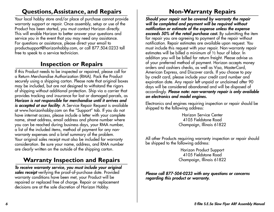 Questions, assistance, and repairs, Inspection or repairs, Warranty inspection and repairs | Non-warranty repairs | E-flite S.E.5a Slow Flyer 250 ARF User Manual | Page 6 / 32