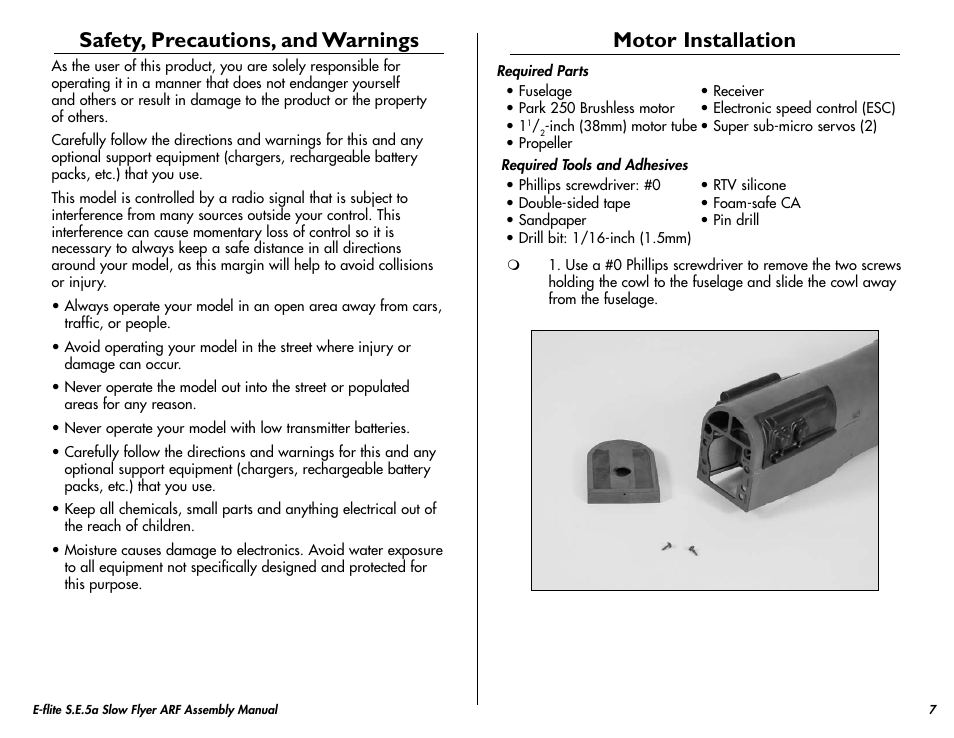 Safety, precautions, and warnings, Motor installation | E-flite S.E.5a Slow Flyer 250 ARF User Manual | Page 7 / 32