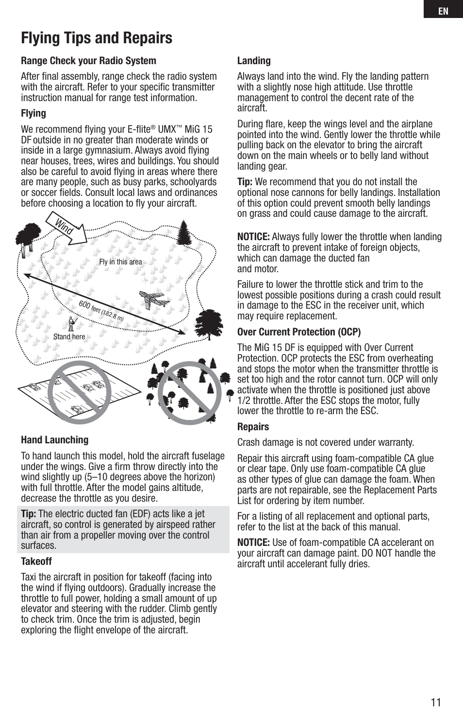 Flying tips and repairs | E-flite UMX MiG 15 DF BNF User Manual | Page 11 / 20