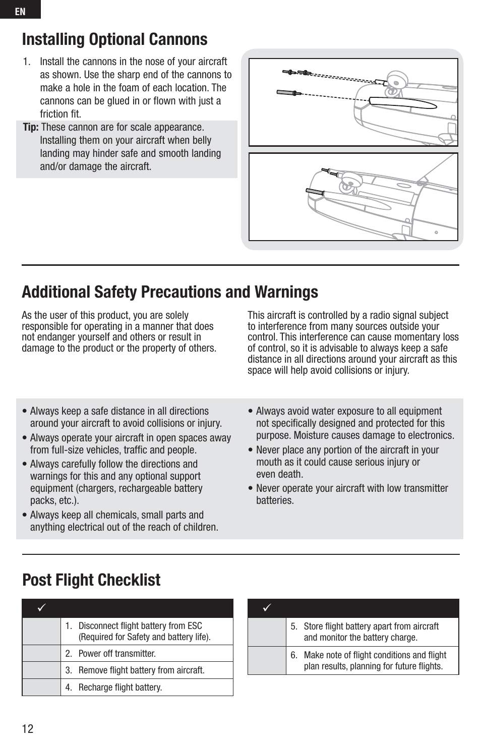 Installing optional cannons | E-flite UMX MiG 15 DF BNF User Manual | Page 12 / 20