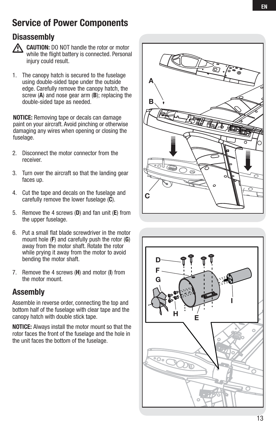 Service of power components, Disassembly, Assembly | E-flite UMX MiG 15 DF BNF User Manual | Page 13 / 20